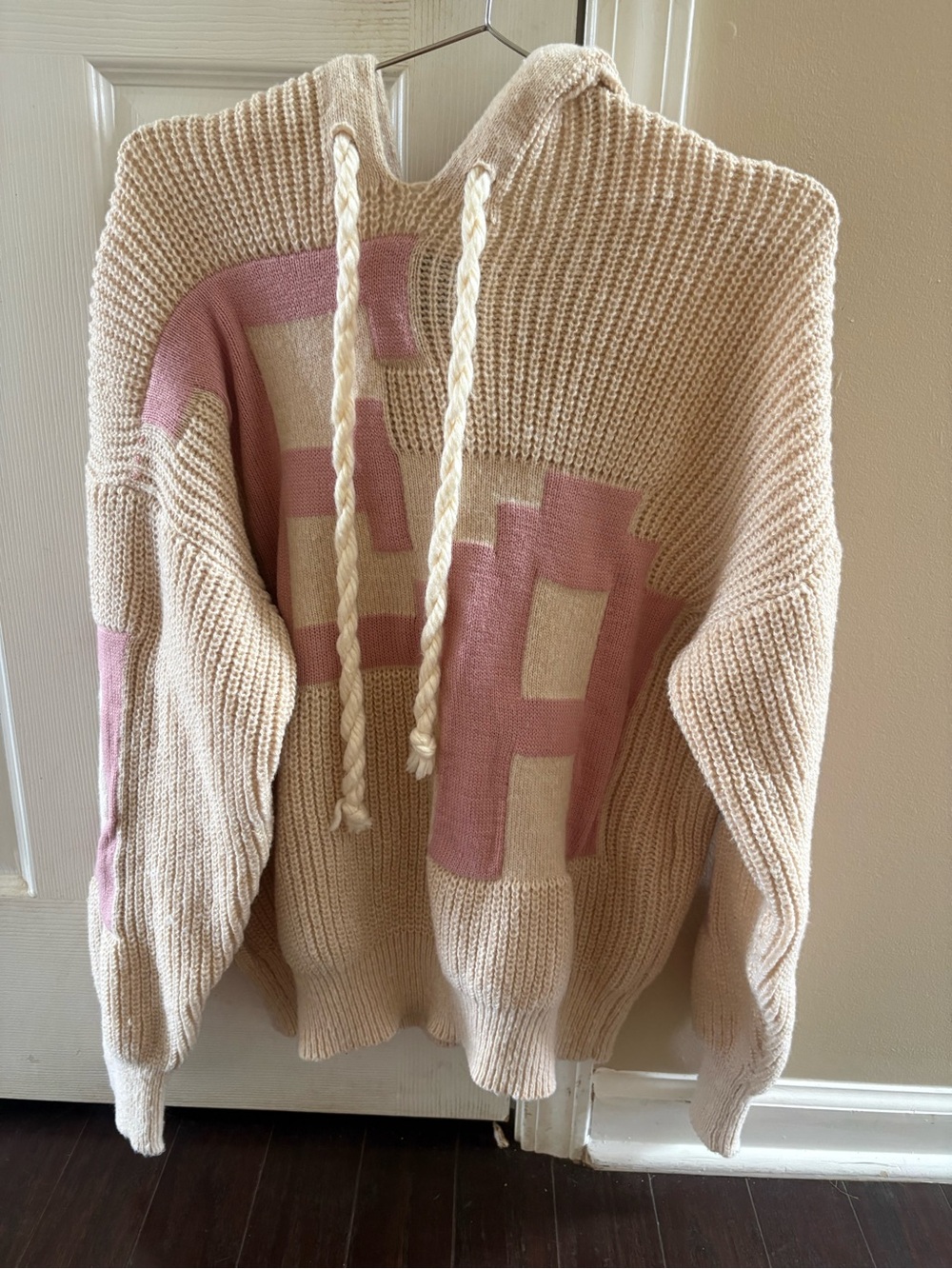 Aelfric Eden Cream Knit Hoodie with Pink Lettering Small